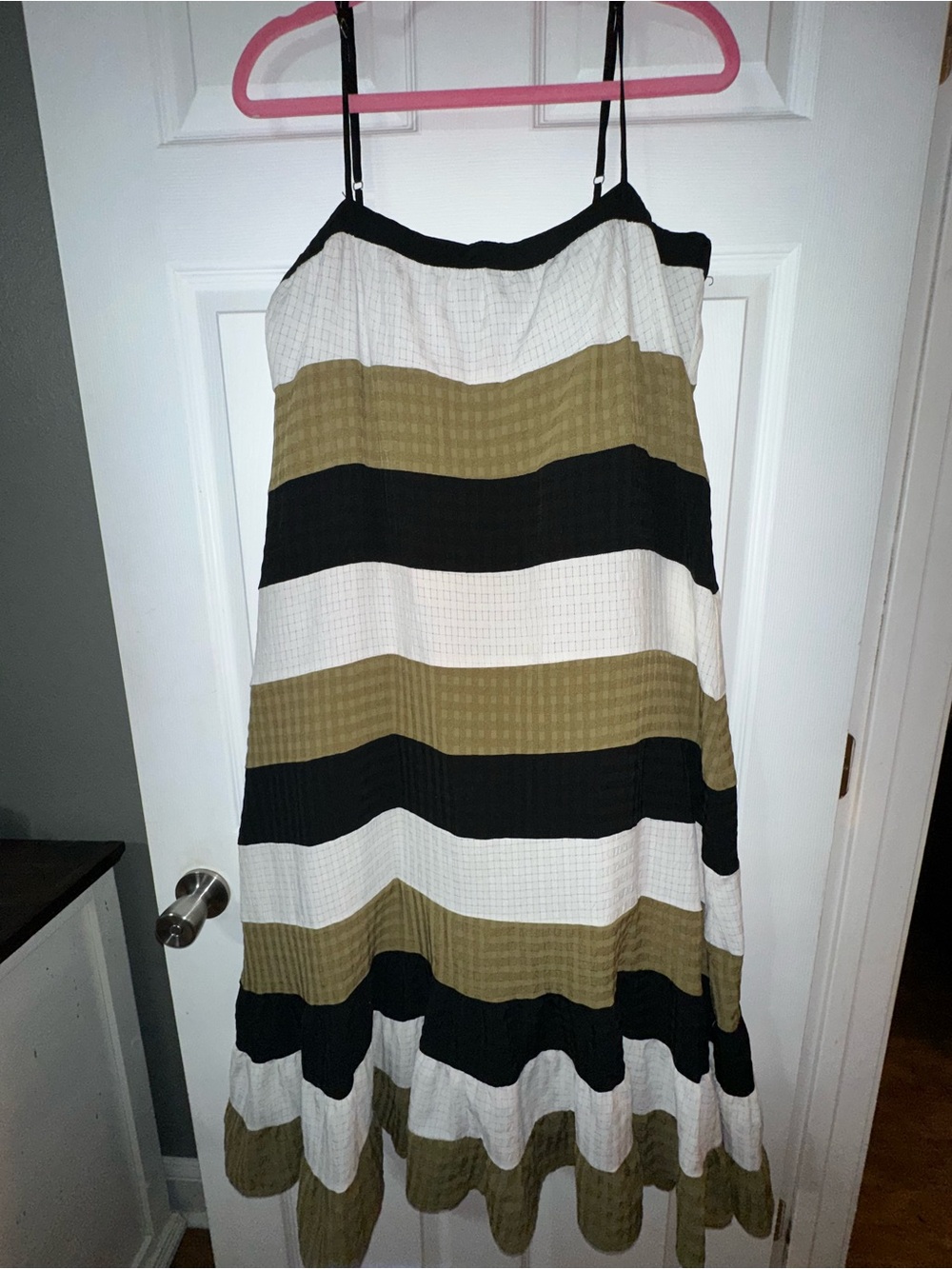TCEC Striped Black, White & Olive Midi Dress